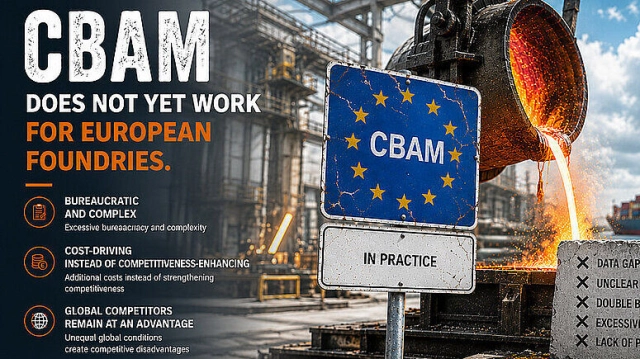 CBAM-Grafik mit Industrieanlage, flüssigem Metall und EU-Bezug zu CO₂-Vorgaben für Gießereien